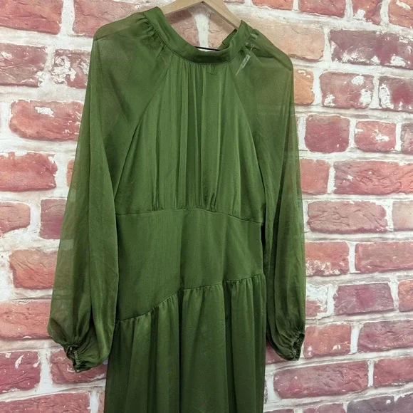 Petal & Pup Dress Womens L Olive Green Chiffon Sleeve Tiered Maxi Peasant Sleeve - Picture 3 of 9